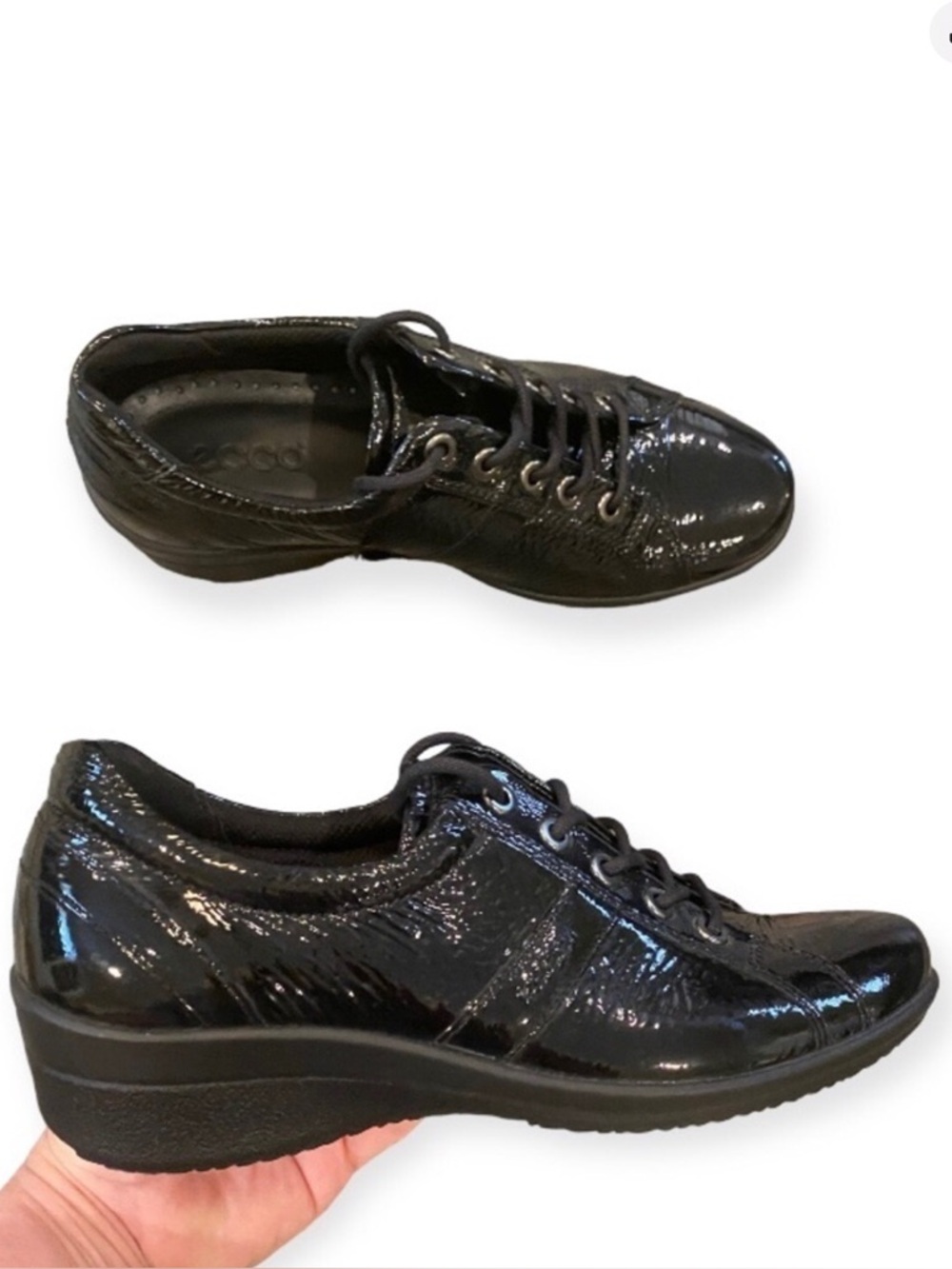 Ecco Size 5-5.5 (36) Lace Up Comfort Shoes Sneakers Black Patent Granny Grandma